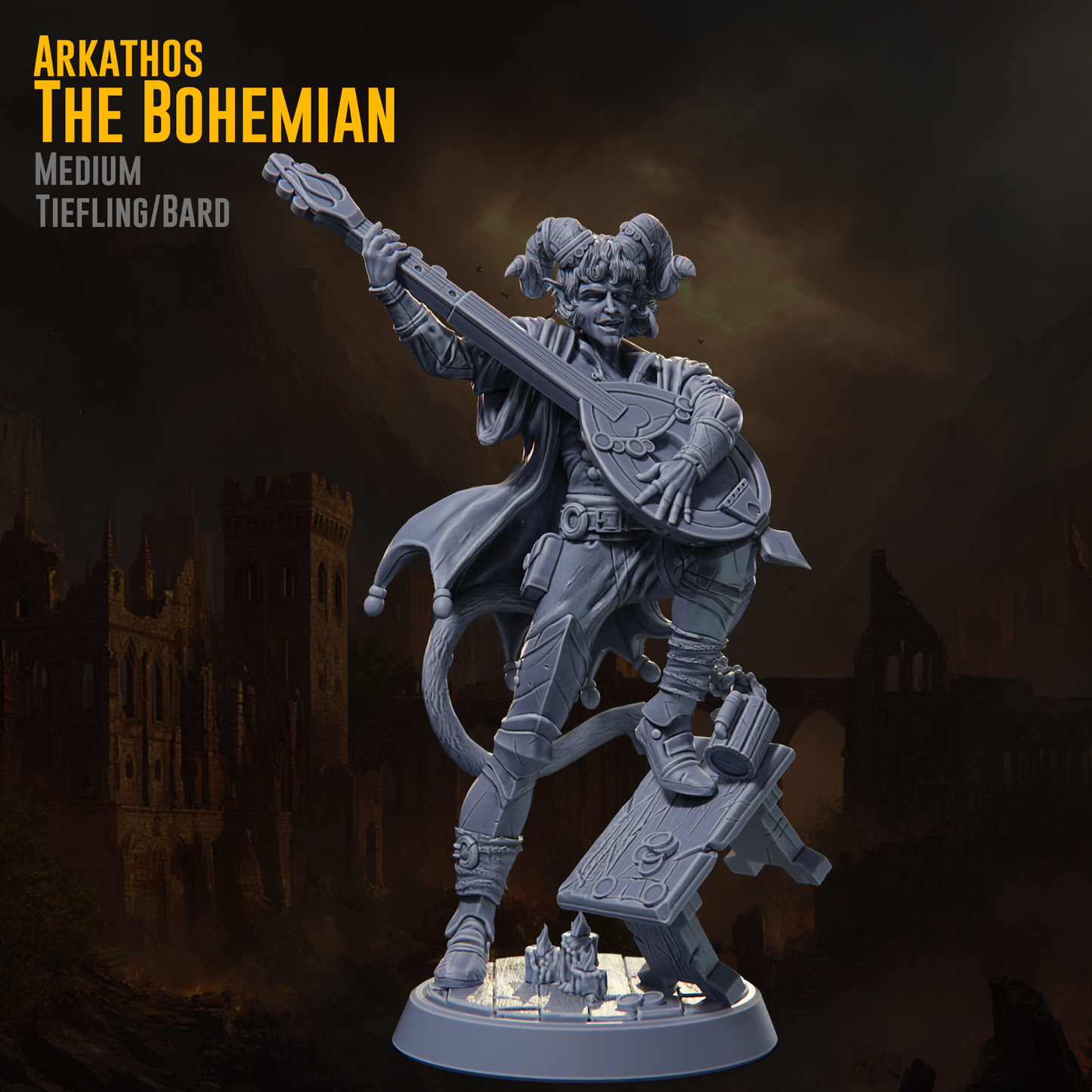 Claymore Miniatures - Arkathos, the Bohemian, Tiefling Bard - Riders of Ruin 2025 November