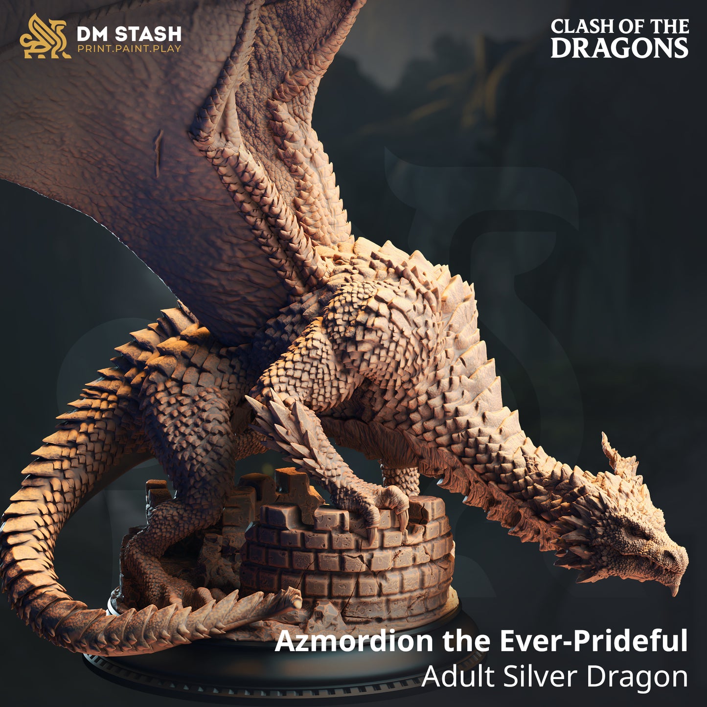 DM Stash - Azmordion the Ever Prideful, Adult Silver Dragon (Huge) 10x15cm - Clash of Dragons 2025 June