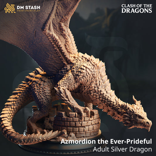 DM Stash - Azmordion the Ever Prideful, Adult Silver Dragon (Huge) 10x15cm - Clash of Dragons 2025 June