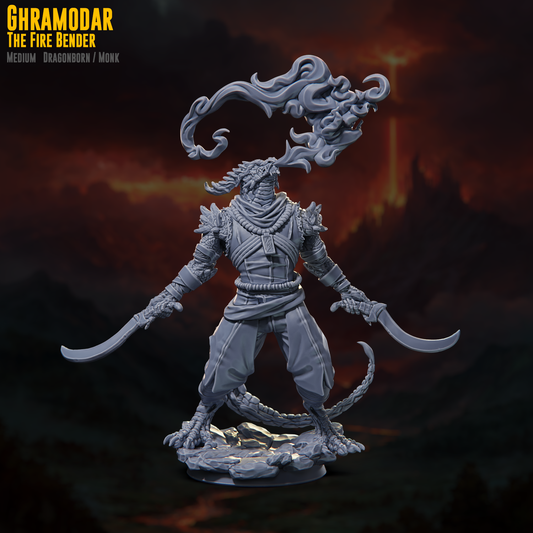 Claymore Miniatures - Ghramodar, the Firebender Monk Dragonborn - The Conflagration 2025 July