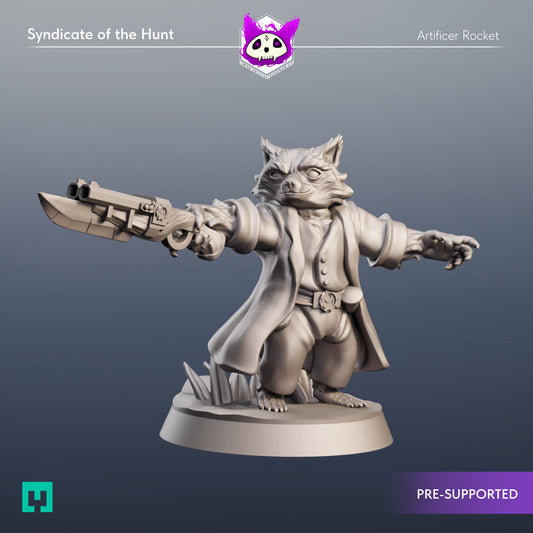 Blackcrest Miniatures - Artificer Rocket - Syndicate of the Hunt, Raccoonfolk Adventurers