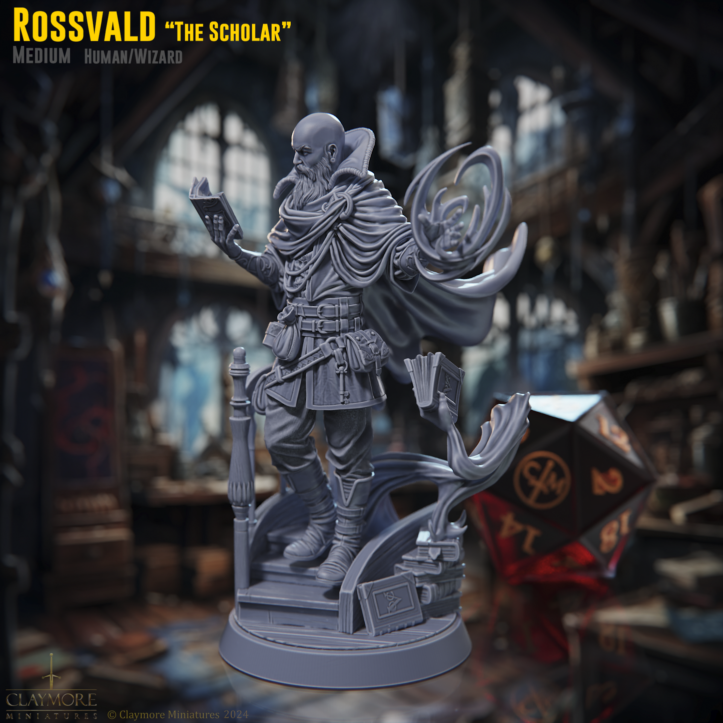 Claymore Miniatures - Rossvald the Human WIzard Scholar - Rossvalds Bestiary of The Unknow 2024 November Release 35mm